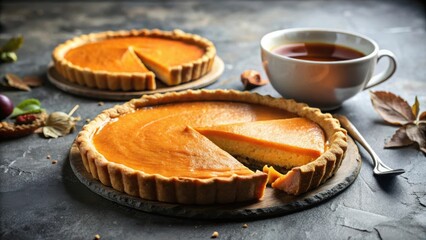 Poster - A slice of pumpkin pie on a rustic wooden board with a cup of tea and autumn leaves in the background.