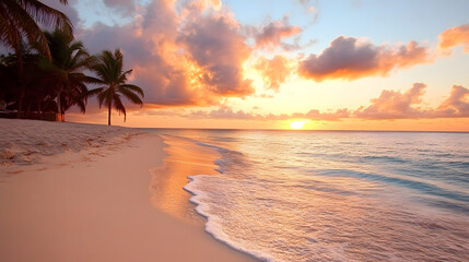Wall Mural - A tranquil beach at dusk with soft waves and the sound of seagulls in the distance.A tranquil beach at dusk with soft waves and the sound of seagulls in the distance.