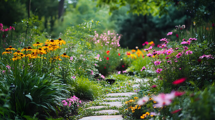 Wall Mural - A tranquil garden filled with blooming flowers and the sound of chirping birds.A tranquil garden filled with blooming flowers and the sound of chirping birds.