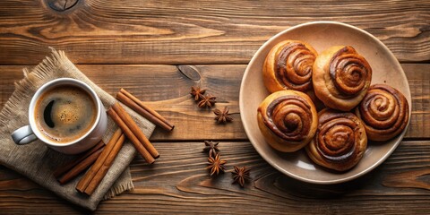 Canvas Print - Aromatic Cinnamon Rolls with Coffee and Star Anise on a Rustic Wooden Table