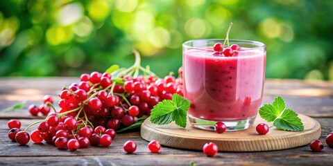 Sticker - A Refreshing Glass of Red Berry Smoothie with a Garnish of Fresh Berries and a Green Leaf on a Wooden Board