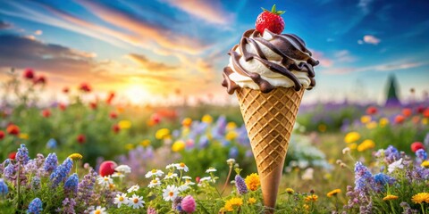 Poster - A chocolate and vanilla ice cream cone topped with a strawberry sits in a field of colorful wildflowers during a golden sunset.