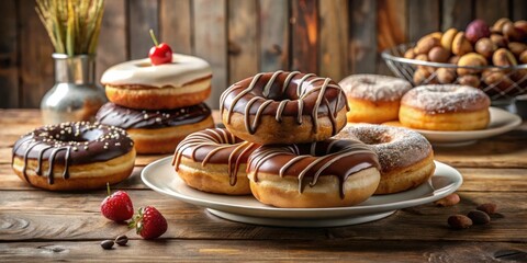 Poster - A delectable array of donuts, some glazed, others with rich chocolate frosting, arranged on a white plate and a rustic wooden table.