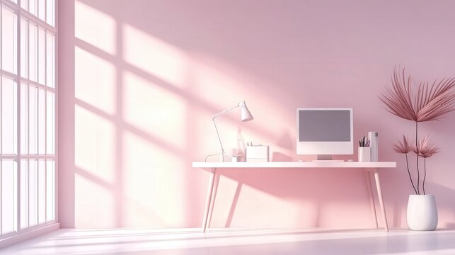 A serene pink home office featuring a desk, computer, and indoor plant.