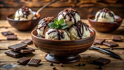 Poster - Vanilla Ice Cream With Chocolate Sauce And Mint In A Brown Bowl On Rustic Wooden Table