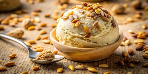 Aufkleber - A scoop of creamy, nutty ice cream topped with toasted seeds, nestled in a wooden bowl, surrounded by scattered almonds on a rustic wooden surface.