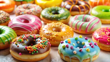 Poster - A Rainbow of Sweetness A Close-Up View of Glazed Donuts with Sprinkles and Colorful Icings