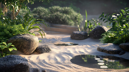 Wall Mural - A tranquil Zen garden with rocks, sand, and carefully placed plants.