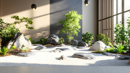 Wall Mural - A tranquil Zen garden with rocks, sand, and carefully placed plants.
