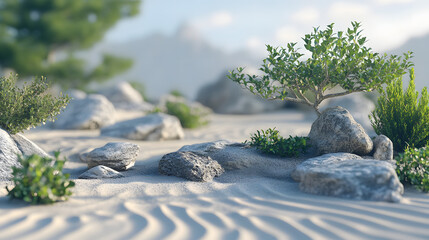 Wall Mural - A tranquil Zen garden with rocks, sand, and carefully placed plants.