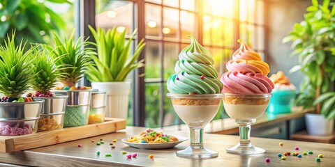 Poster - Two colorful ice cream swirls in glass bowls, sitting on a wooden table with a window in the background and colorful sprinkles scattered around.
