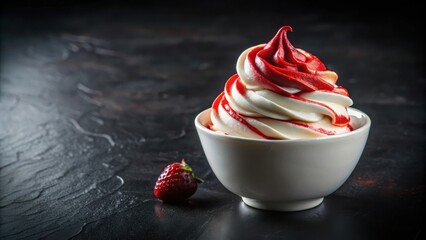 Aufkleber - A swirl of white and red frozen dessert sits in a white bowl on a dark surface, accompanied by a single strawberry.
