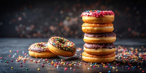Poster - A Stack of Glazed Donuts with Colorful Sprinkles on a Black Background and Scattered Sprinkles Surrounding Them