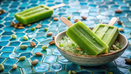 Fototapete - Green Popsicles on a Blue Tile Table with Ice and Green Beans
