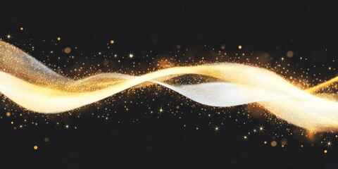 Aufkleber - Abstract gold wave line, sparkling particles, shiny effect. Glowing curve, motion, shine, swirl. Luxury, magic, neon, power, Christmas, futuristic. Abstract design, background, graphic element,
