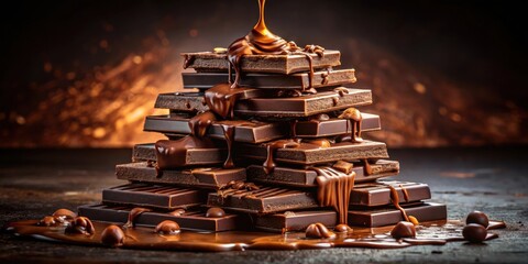 Poster - A Tower of Dark Chocolate Bars Drizzled with Melted Chocolate, A Decadent Treat for the Senses