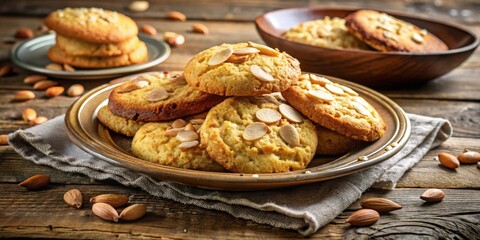 Poster - A stack of freshly baked almond cookies, with crunchy edges and a golden brown hue, sit atop a rustic wooden table, their enticing aroma filling the air.