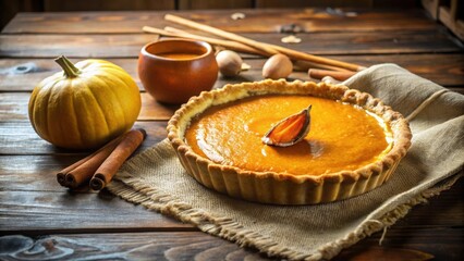 Aufkleber - A Freshly Baked Pumpkin Pie with Golden Crust and a Cinnamon Garnish, Ready to Be Sliced and Served on a Rustic Wooden Table