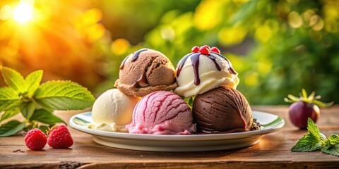 Poster - A plate of ice cream with different flavors topped with chocolate sauce and garnished with fresh mint and raspberries in a natural setting