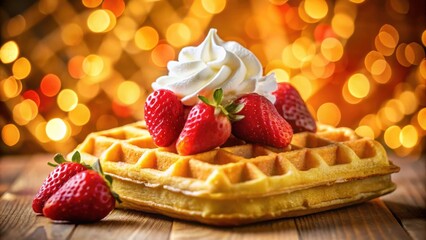 Aufkleber - A golden waffle topped with whipped cream and fresh strawberries, illuminated by a warm, bokeh background.