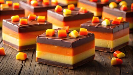 Poster - Layered Chocolate Candy Dessert with Caramel, Chocolate, and Vanilla Filling on Rustic Wooden Table