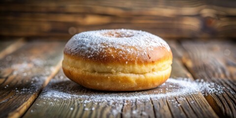 Poster - A single, round donut with a dusting of powdered sugar rests on a rustic wooden table.