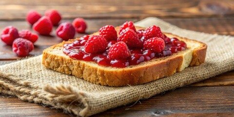 Poster - A close-up shot of a slice of bread topped with raspberry jam and fresh raspberries, resting on a burlap napkin atop a rustic wooden surface.
