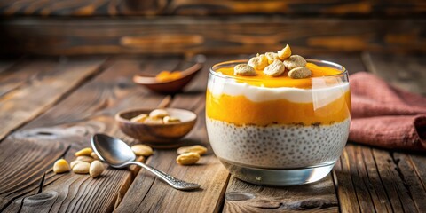 Poster - A close-up shot of a delicious layered dessert with chia seeds, pumpkin puree, and yogurt, topped with crunchy granola bits,  resting on a rustic wooden surface