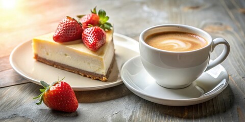 Poster - A slice of cheesecake with strawberries and a cup of coffee on a rustic wooden table.