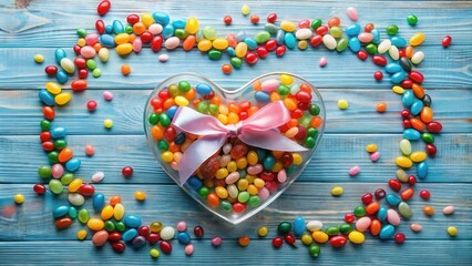 Poster - A heart-shaped bowl filled with colorful candies is surrounded by scattered candies on a blue wooden background.