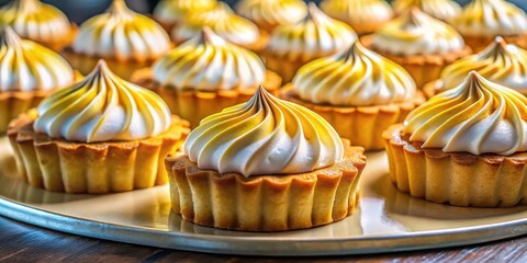 Poster - A plate of freshly baked and intricately decorated pastries, showcasing the artistry of pastry making with a focus on a single tart with a swirled yellow and white topping.