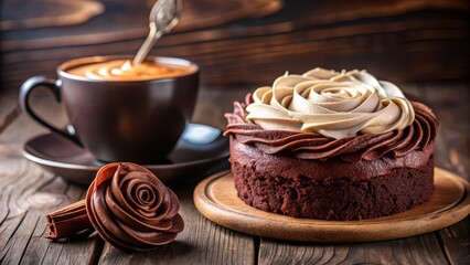 Poster - A rich chocolate cake with delicate rose-shaped frosting and a warm cup of coffee, a perfect treat for a special occasion.