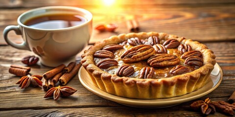 Poster - A Delicious Pecan Pie with a Cup of Tea and Warm Spices on a Rustic Wooden Table