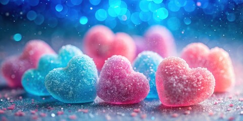 Poster - Sweetheart Candy Hearts with Sparkling Sugar Crystals and Bokeh Background