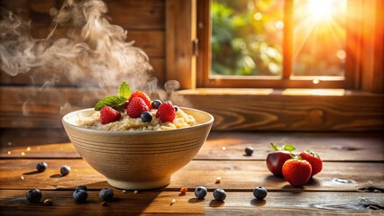 Poster - A bowl of steaming oatmeal topped with fresh raspberries and blueberries, bathed in the warm glow of morning sunlight, sitting on a rustic wooden table.