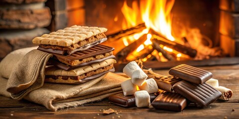 Poster - A rustic wooden table set with a stack of graham crackers, squares of milk chocolate, and fluffy marshmallows, ready for a campfire treat.
