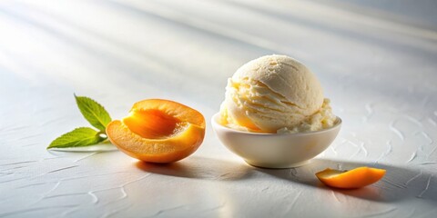Poster - A bowl of creamy ice cream nestled beside a juicy apricot half, illuminated by soft sunlight.
