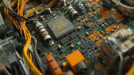 Poster - Detailed Close-Up of Complex Circuit Board with Multicolored Wires, Components, and Microchips Showcasing Modern Electronic Technology and Innovation in Electronic Devices
