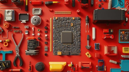 Poster - Colorful Arrangement of Electronics and Tools on Red Background Featuring a Central Circuit Board and Various Components for Technology Advertising