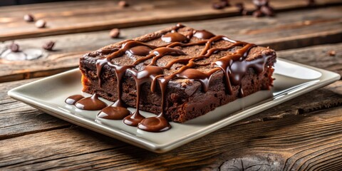 Poster - A Close-Up Shot of a Delicious Chocolate Brownie Drizzled with Melted Chocolate on a White Plate