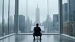 © Riko - Businessman sitting at desk in front of large window overlooking city skyline.
