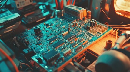 Poster - Close-Up of a Detailed Circuit Board Surrounded by Electronics Components in a Dimly Lit Workspace Highlighting Technology and Engineering Innovations