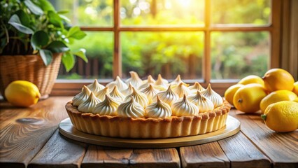 Poster - A Creamy Meringue Lemon Tart on a Wooden Table with a Blurred Background of Sunlight Streaming through a Window