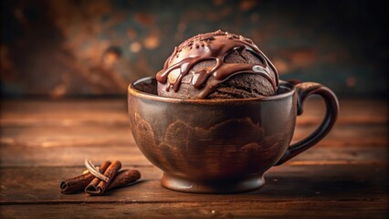Poster - A single scoop of rich chocolate ice cream, drizzled with decadent chocolate sauce, nestled in a rustic brown ceramic bowl on a wooden table, creating a symphony of indulgence.