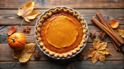 Poster - A Homemade Pumpkin Pie Adorned with Autumn Leaves and Spices on a Rustic Wooden Table