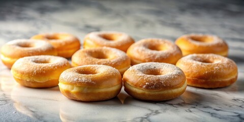 Poster - A close-up of a group of freshly baked donuts dusted with powdered sugar, displayed on a smooth, gray marble surface.
