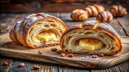 Aufkleber - Freshly baked croissants filled with sweet custard, sprinkled with powdered sugar, and displayed on a rustic wooden surface.