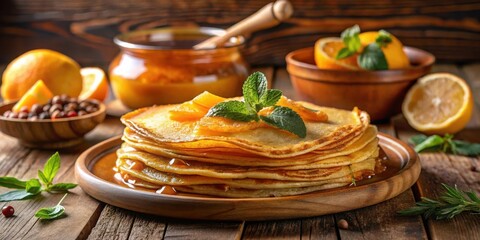 Poster - Golden Pancakes Drizzled with Honey and Topped with Orange Slices and a sprig of Mint, on a rustic wooden table with bowls of fruit and nuts in the background