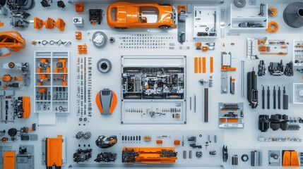 Poster - Flat Lay of Industrial Components and Tools in Vibrant Orange Color Scheme, Perfect for Technology and Design Projects Featuring Machinery and Equipment