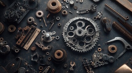 Poster - Detailed Collection of Vintage Mechanical Parts and Tools Displayed on a Dark Rustic Surface, Showcasing the Intricate Designs and Textures of Industrial Hardware